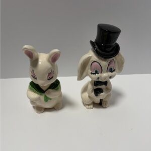 Ceramic Bunny Figurines with Black Hat and Green Scarf